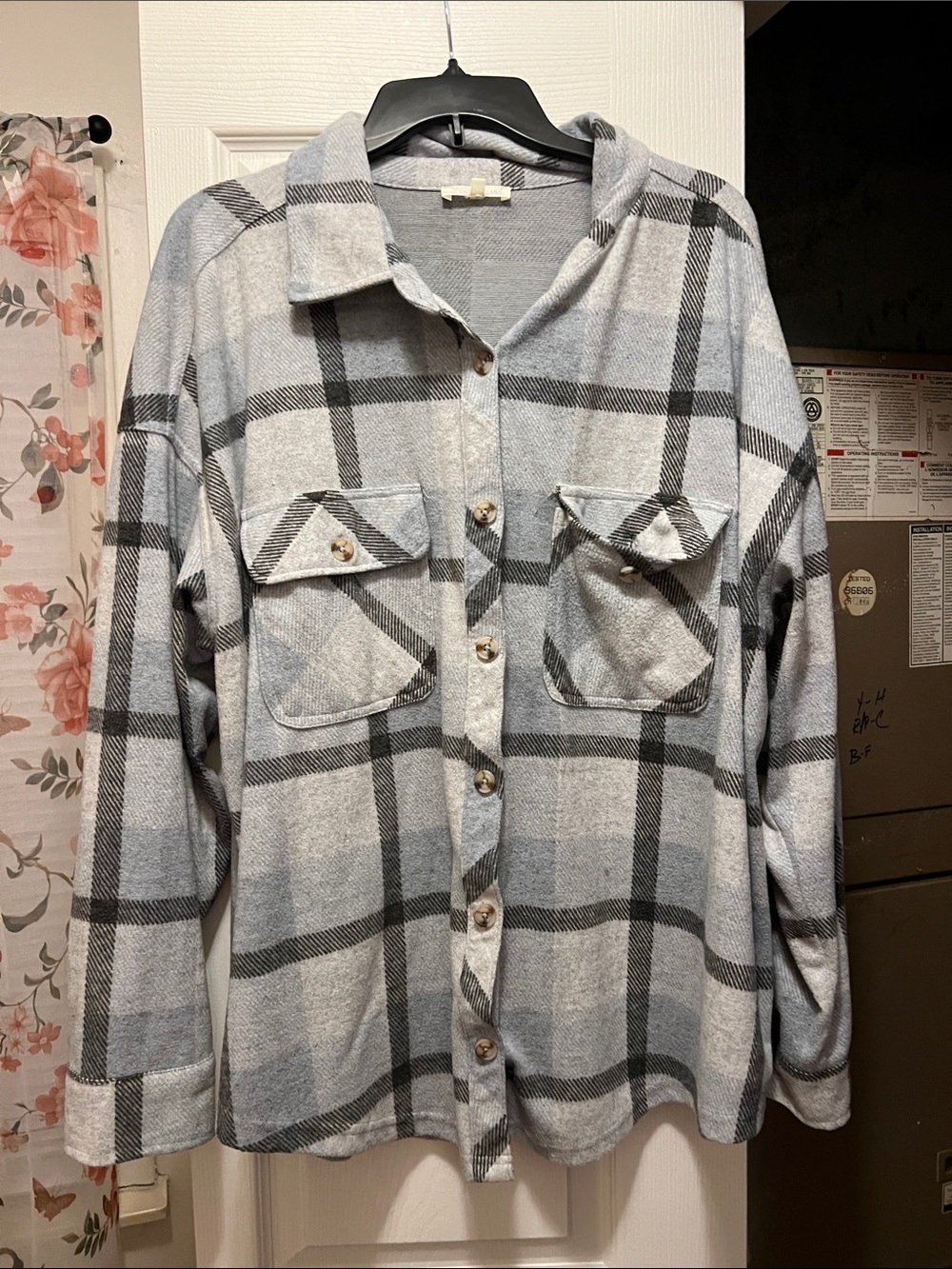 Ultra Flirt Light Gray and Charcoal Plaid Button-Front Shacket